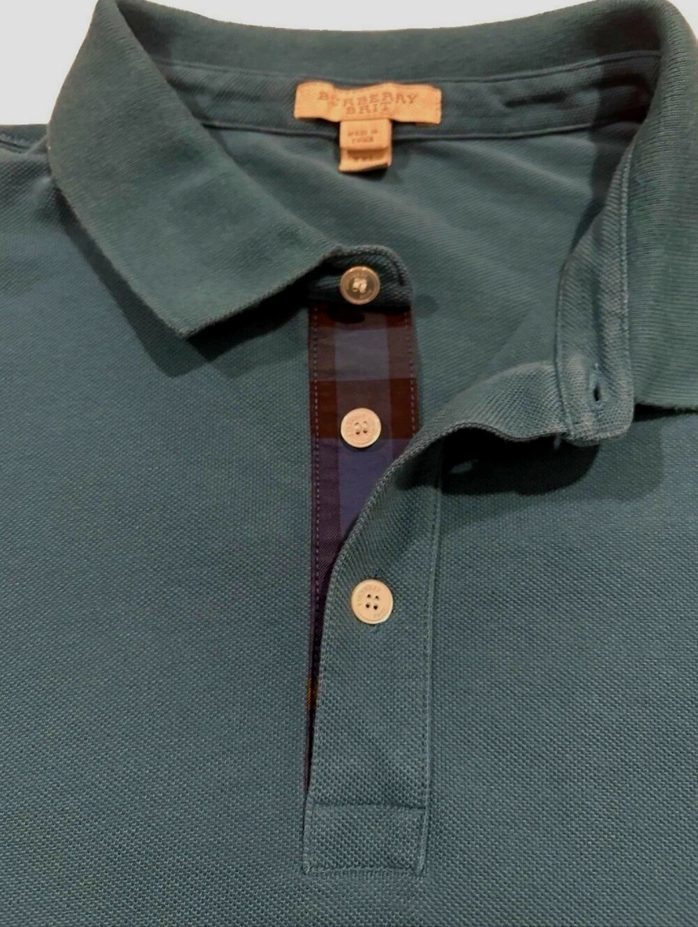 Burberry Men's Teal Green Polo with Plaid Placket